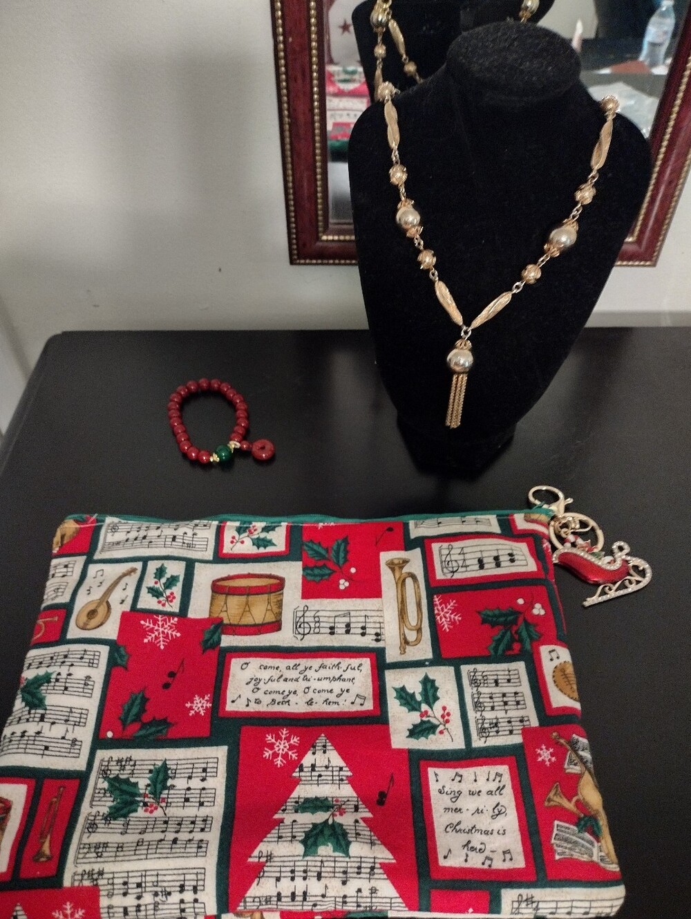 Handmade Christmas Cosmetic Bag With Gold Necklace And Bracelet